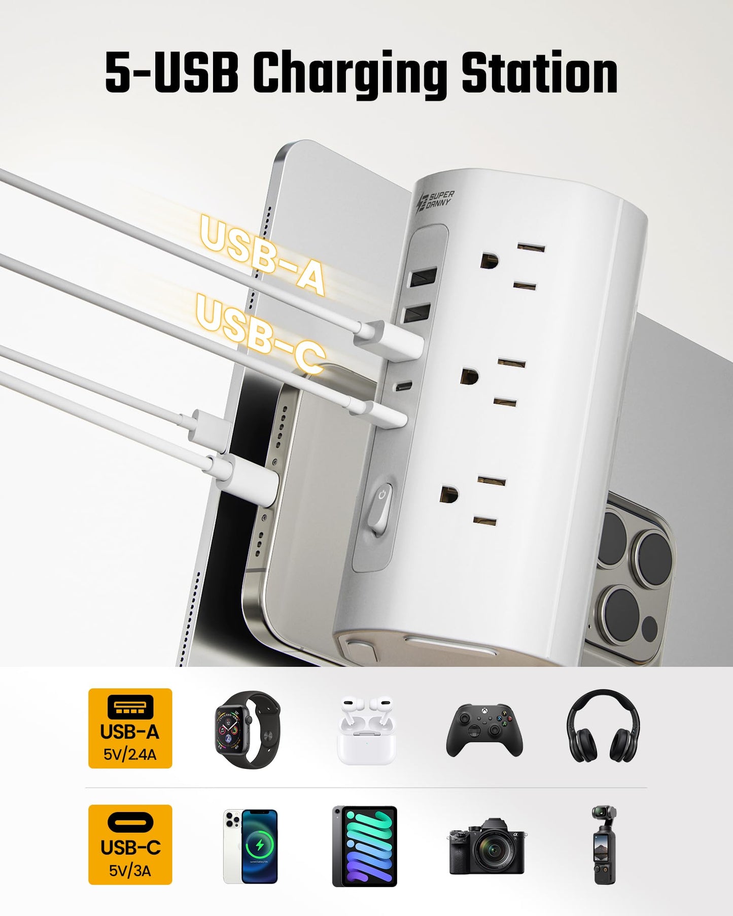 10Ft Extension Cord Power Strip Tower with Multiple Outlets, Flat Plug Power Tower 1700J Surge Protector, 12 AC Outlets 5 USB Ports (2 USB C), Desk USB Charging Station, Home Office Dorm Room, White