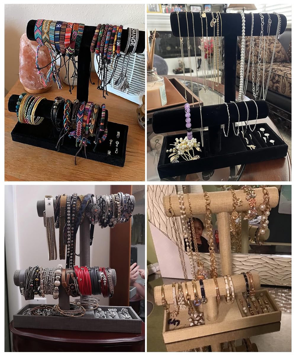 Coward 2 Tier Necklace Bracelet Holder Organizer with Ring Tray, Linen Jewelry Display Stand for Watch Scrunchie Lipstick, Perfumes,Nail polish (Gray Linen)