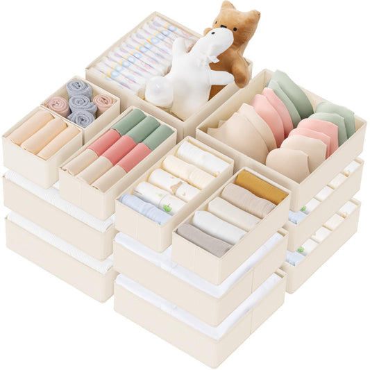Criusia Drawer Organizer Clothes, 21 Pack Dresser Organizer for Baby Clothes, Underwear, Sock - Foldable Closet Organization and Storage Dividers Bins for Nursery, Bedroom (Beige)