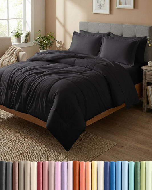 Full Comforter Set Black - Bed in a Bag Queen Size 7 Pieces - Down Alternative Duvet Insert - Soft, Lightweight Comforter Bedding Set with Flat Sheet, Fitted Sheet, Pillowcases & Shams for All Seasons