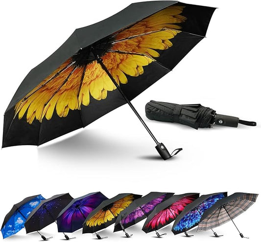 LLanxiry Compact Travel Umbrella, Automatic Open/Close Windproof Umbrella, 10 Fiberglass Ribs, 210T Pongee, UPF 50+ Sun/Rain, Lightweight Portable Umbrellas Travel Size with Carry Sleeve