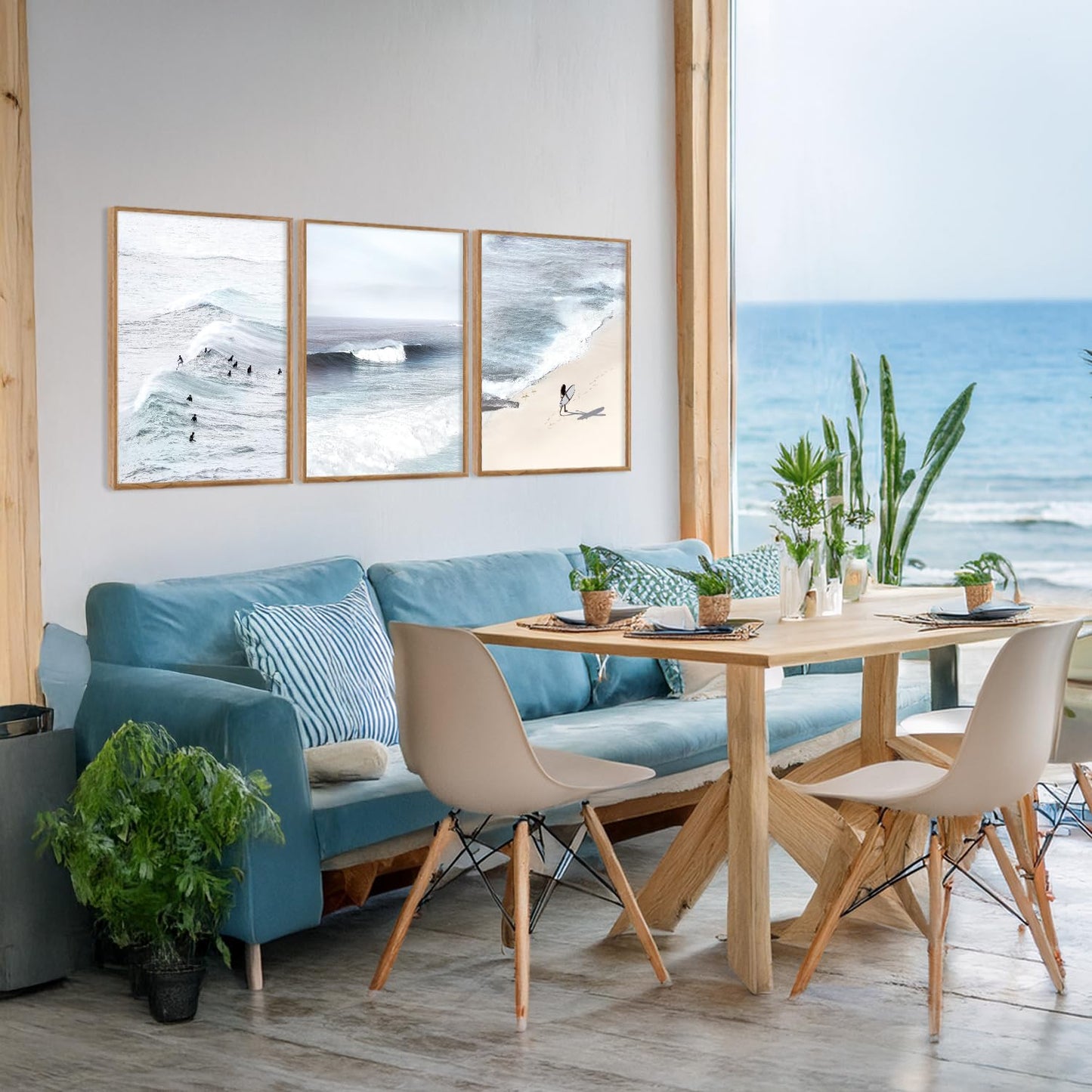 CHDITB Ocean Wave Surf Framed Canvas Wall Art Set Of 3, Minimalist Coastal Wall Decor, Nature Inspired Seascape Wall Painting, Neutral Surfboard Beach Art Prints for office Bedroom Decor (12x16 Inch)