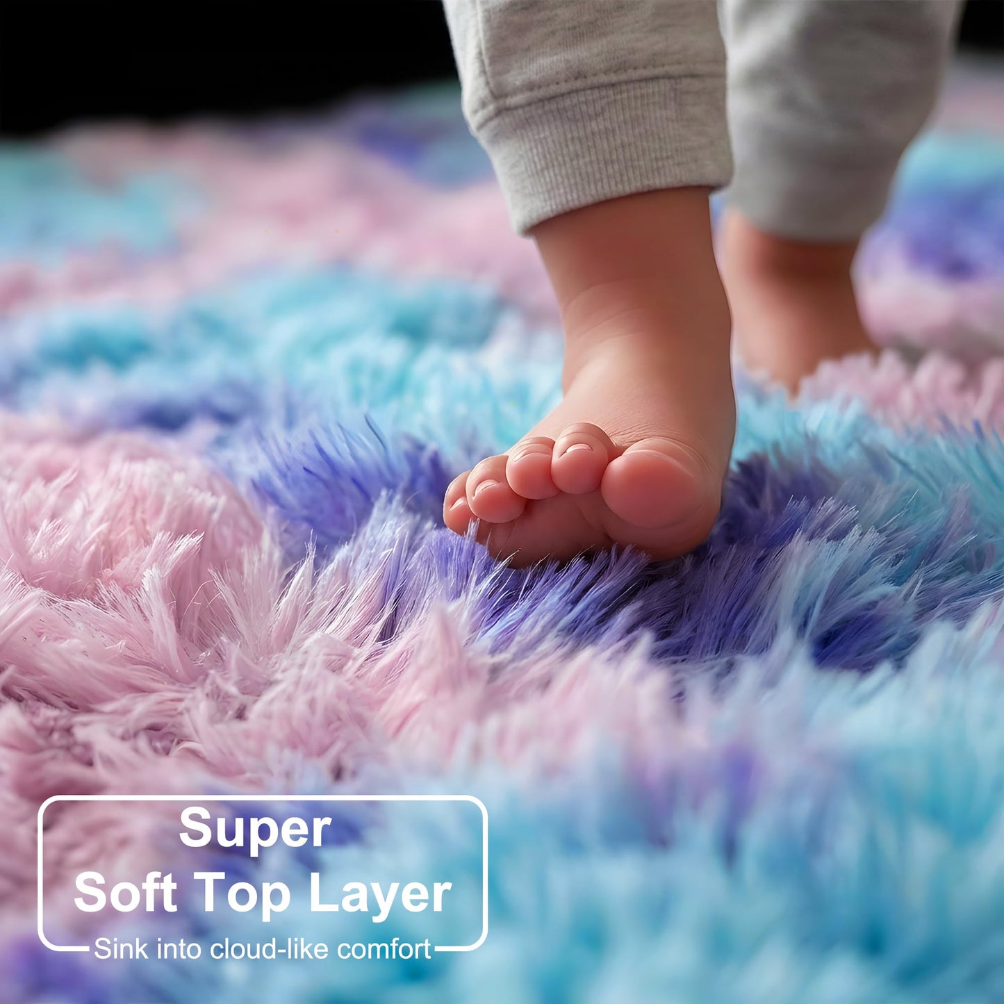 Amdrebio Purple Rainbow Round Rug 4Ft for Bedroom Girls Room Decor, Circular Mermaid Kids Rugs for Playroom Nursery Dorm, Fluffy Furry Cute Shag Carpet, Kawaii Circle Area Rugs for Baby Toddler Teen