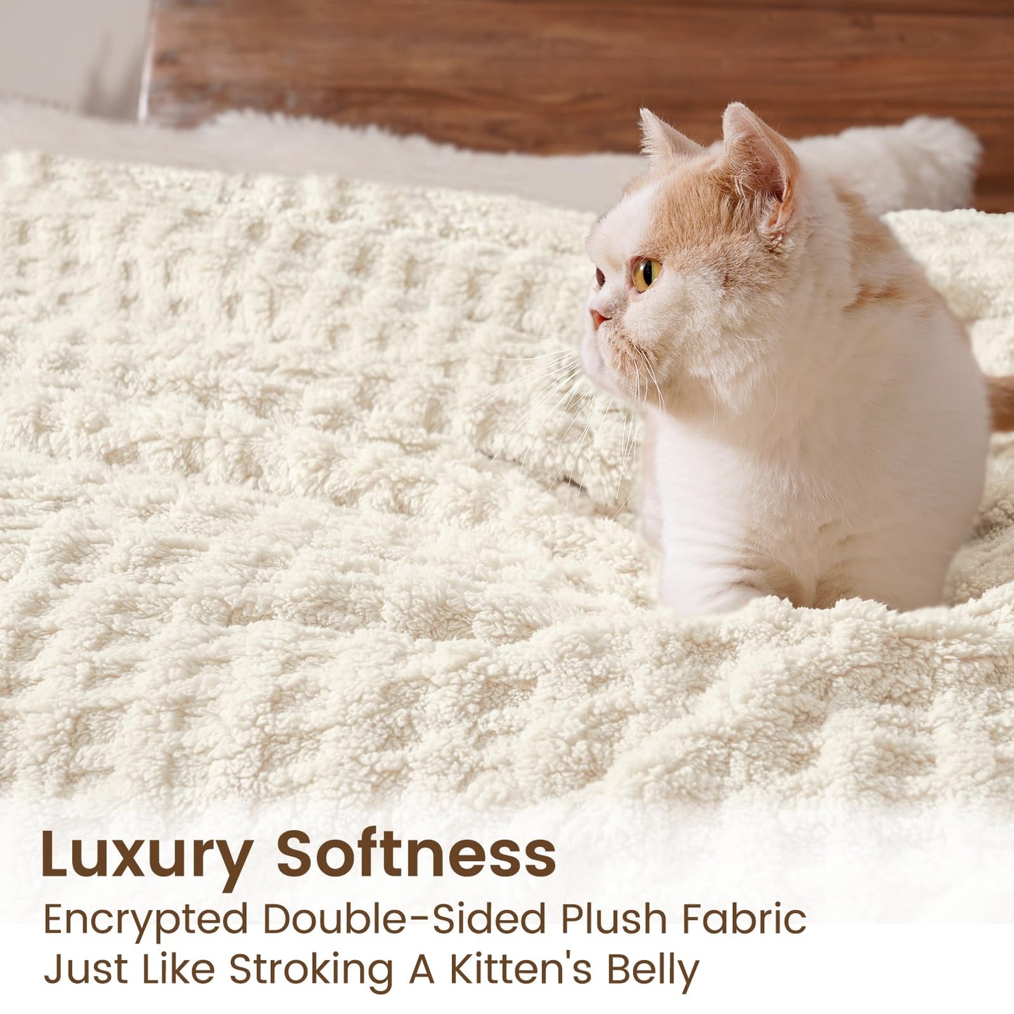 David's Home Ultra Soft Fleece Blanket Queen Size for Bed, Plush Shaggy Fluffy 3D Jacquard Waffle Throw for Couch, Warm Lightweight for Fall Winter,Fuzzy Aesthetic Room Decor,90x90 inches,Cream