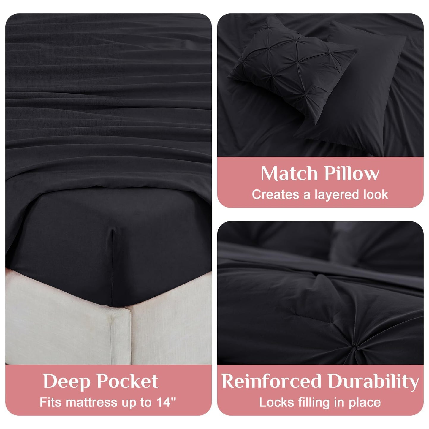 JOLLYVOGUE Black Queen Comforter Set 7 Pieces - Bed in a Bag Queen for All Season, Pintuck Bedding Comforter Sets with Comforter, Flat Sheet, Fitted Sheet and Pillowcases & Shams