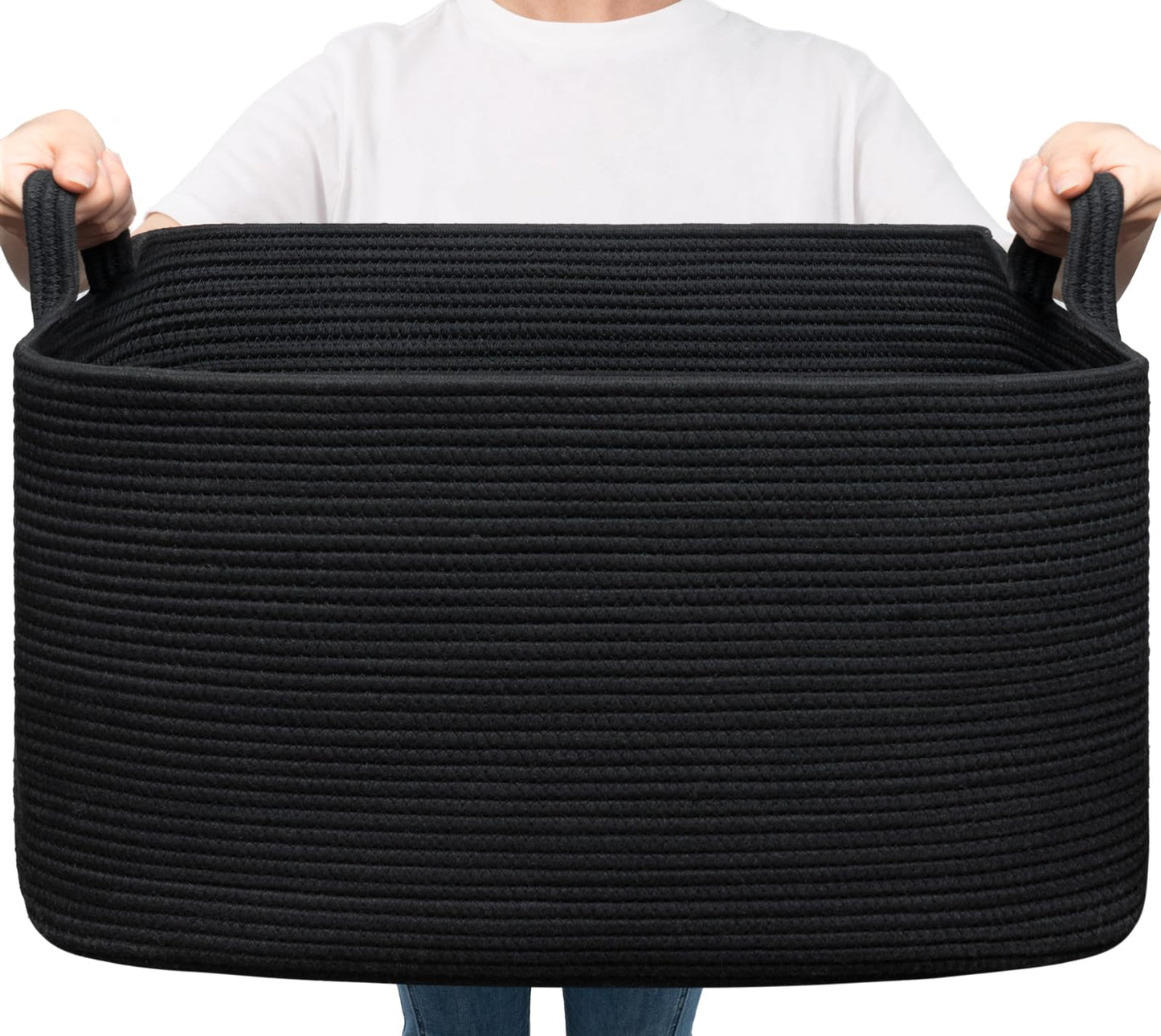 Goodpick Large Blanket Basket Living Room, 21.6" x 14.9" x 11.8" Woven Storage Basket for Blankets, Toys, Rectangle Rope Dirty Clothes Baskets for Nursery, Bedroom, Black