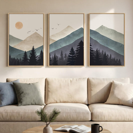 Framed Boho Abstract Neutral Landscape Wall Art for Living Room, Large 3 Piece Mountain Forest Canvas Artwork for Walls, Modern Minimalist Nature Pictures Bedroom Hallway Office Wall Decor, 20x30 Inch