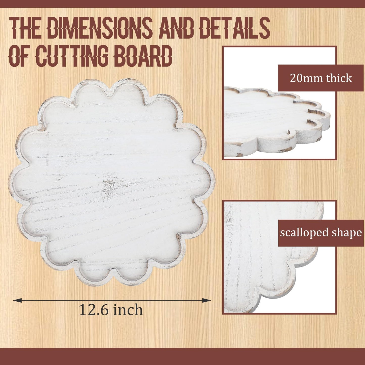 BreezeHug White Decorative Serving Tray Wood 12.6 Inch Scalloped Serving Tray Round Wooden Display Plate with Scalloped Borders for Coffee Table Living Room Bedroom Entryway Decoration