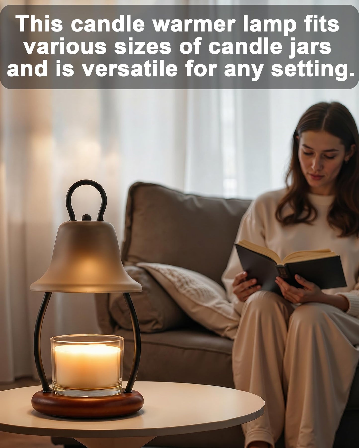 HONGZZI Candle Warmer Lamp with Timer - Adjustable Brightness & Glass Shade - Wooden Base with 2 Bulbs Included (Black)