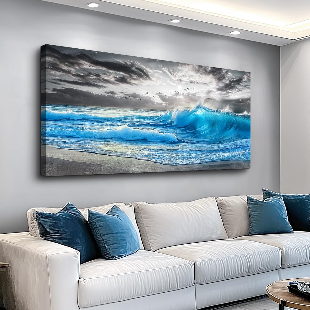 PHAOHUAXM Large Canvas Beach Wall Pictures Wall Decor For Living Room Wall Art For Bedroom Office Decorations Blue Sea Wave Ocean Painting Printing Artworks Modern Restaurant Home Decor 20x40 In