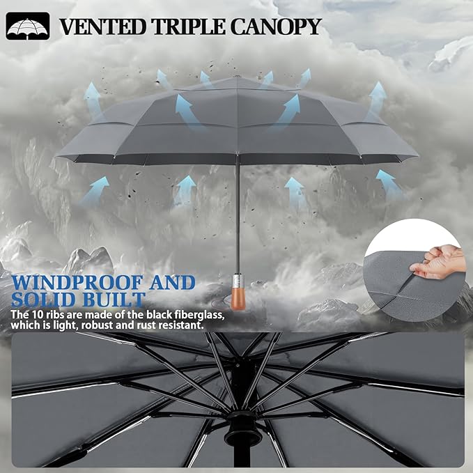 Umbrellas for Rain, 47" Large Windproof Travel Umbrella, Triple-Layer Vented Canopy, 10 Fiberglass Ribs, Auto Open Close Compact Umbrella, Wooden Handle, Heavy Duty for Commute, Gifts for Men & Women