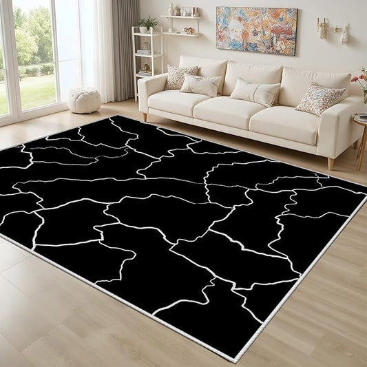 Abstract Rugs for Living Room - Modern Washable Area Rug, 5x8 Abstract Black and White Rug, Minimalist Rugs,Carpet Non Slip Home Decor