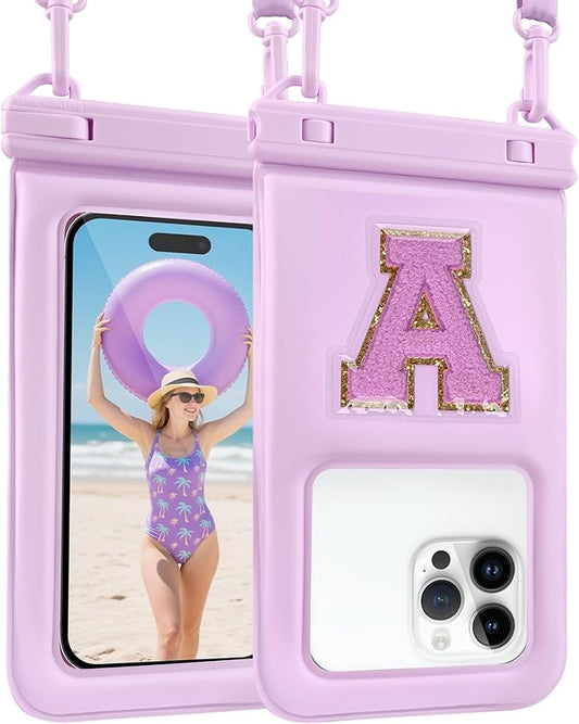 Waterproof Phone Pouch Floating, Fashion Letters Cell Phone Dry Bag for iPhone 17 16 15 14 13 Pro Max, Galaxy S25 S24 S23 S22 Ultra Google, Up to 7.5" Phones Purple