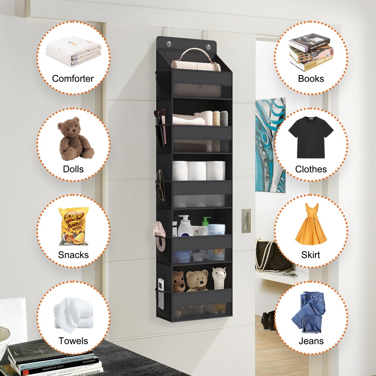 Fixwal Over Door Storage Organizer, 5-Shelf Wall Mount Upgrade Hanging Storage with 5 Large Pockets 10 Mesh Side Pockets for Pantry Bedroom Dorm Pantry Nursery Bathroom Diapers Clothes (Black)
