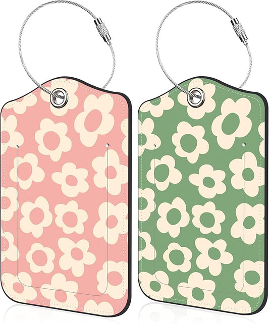 Vintage Groovy Flowers Luggage Tag for Suitcase 2 Pack Leather Luggage Tag with Privacy Flap Name ID Label and Metal Loop for Women Men Travel