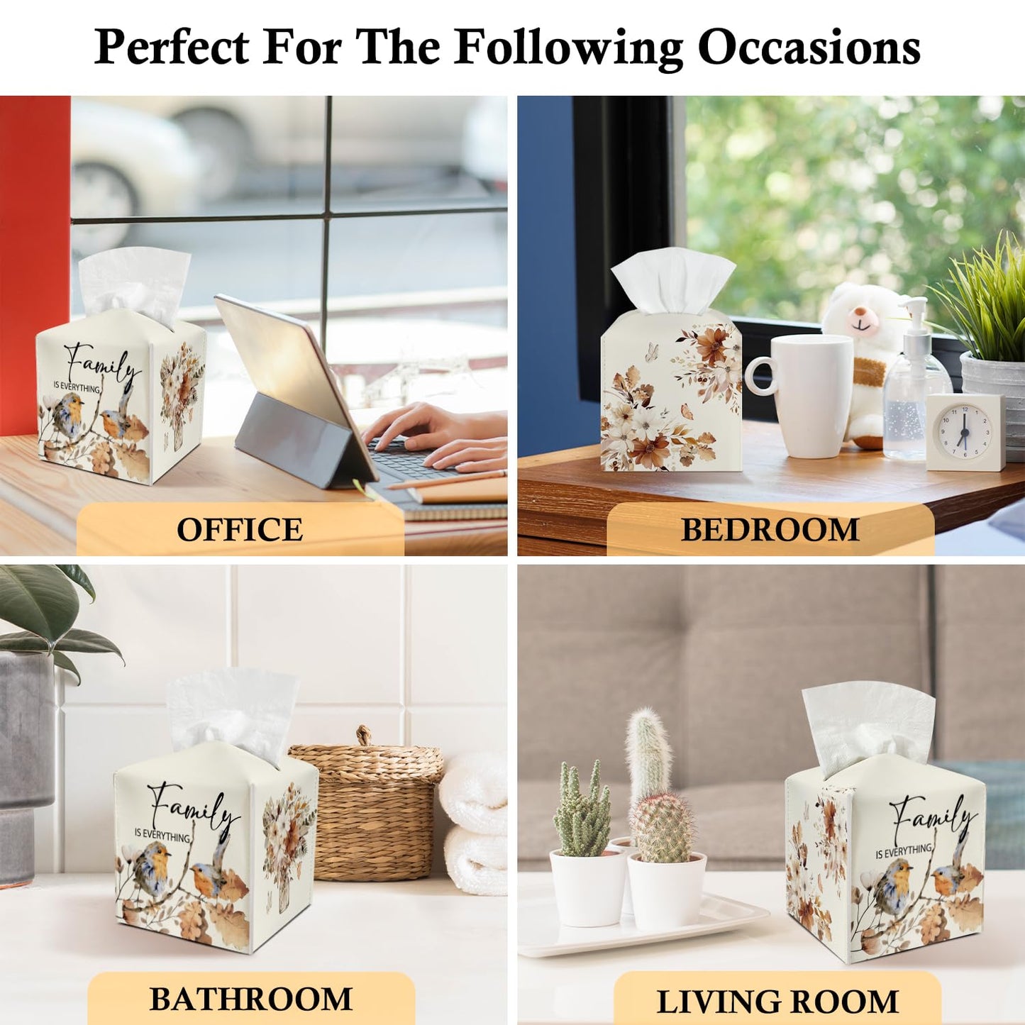 Family Leather Tissue Holder with Bottom Belt for Women Housewarming Gift Floral Bird Tissue Box Cover Bathroom Car Nightstand Vanity Kitchen Decor Waterproof Napkin Organizer Dispenser - FS713
