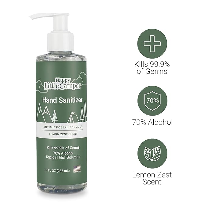 Happy Little Camper Hand Sanitizer with Lemon Zest Scent - Moisturizing Gel with Vitamin E & Antimicrobial Formula- Contains 70% Ethyl Alcohol - Travel Size, Made in USA - 8 Fl Oz, 236ml - 24 Bottles