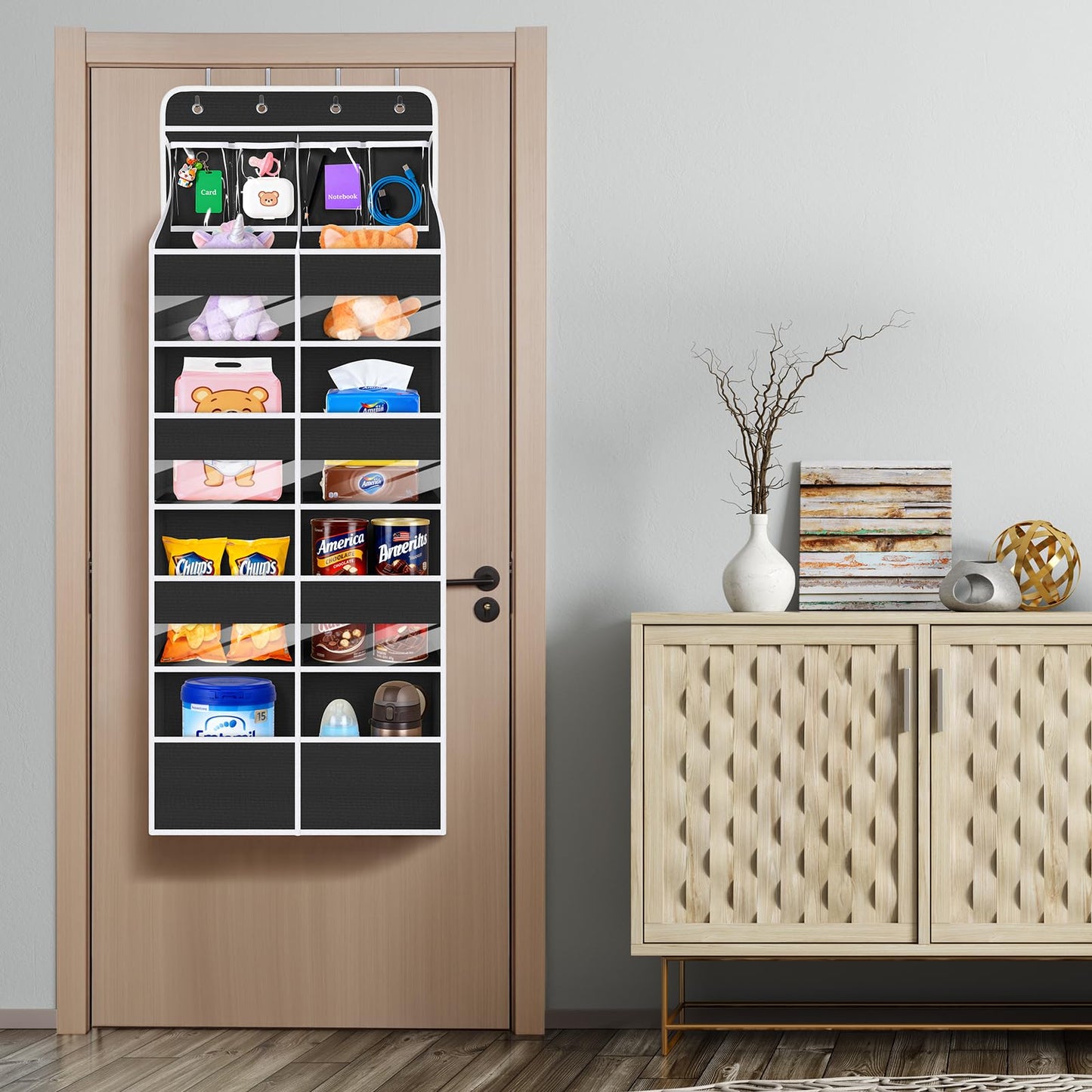 Univivi 5-Shelf Over Door Hanging Organizer Fabric Door Storage for Baby Nursery Nursery Closet Cabinet Wall Mount Hanging Storage Organizers with 8 Deep Pockets and 4 Small PVC Pockets(Black)
