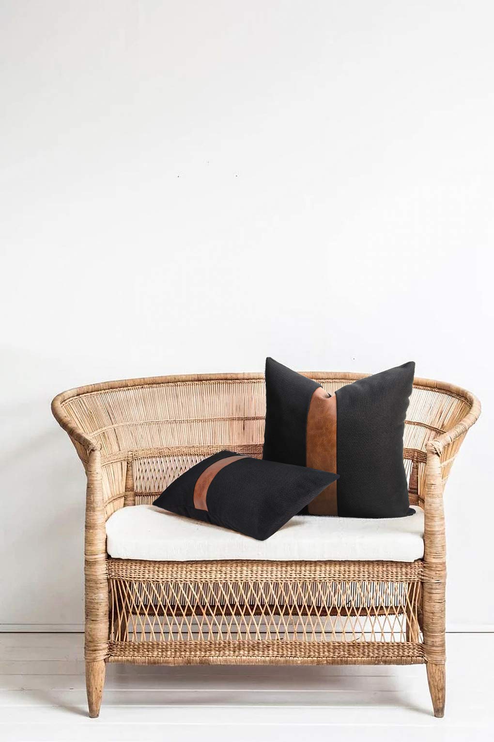cygnus Set of 2 Black Linen Patchwork Faux Leather Throw Pillow Covers for Couch Living Room Bedroom, Modern Accent Decor Square Covers 18X18 inch, Brown and Black
