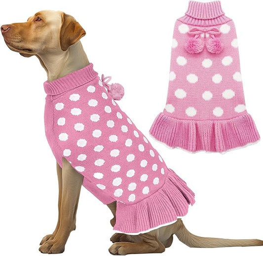 KYEESE Valentines Dog Sweater Dress, Warm Dog Sweaters Medium Large Size Dogs Girl, Cozy Pullover Pet Clothes Knit Pet Apparel with Leash Hole, Pink Dot, 2XL