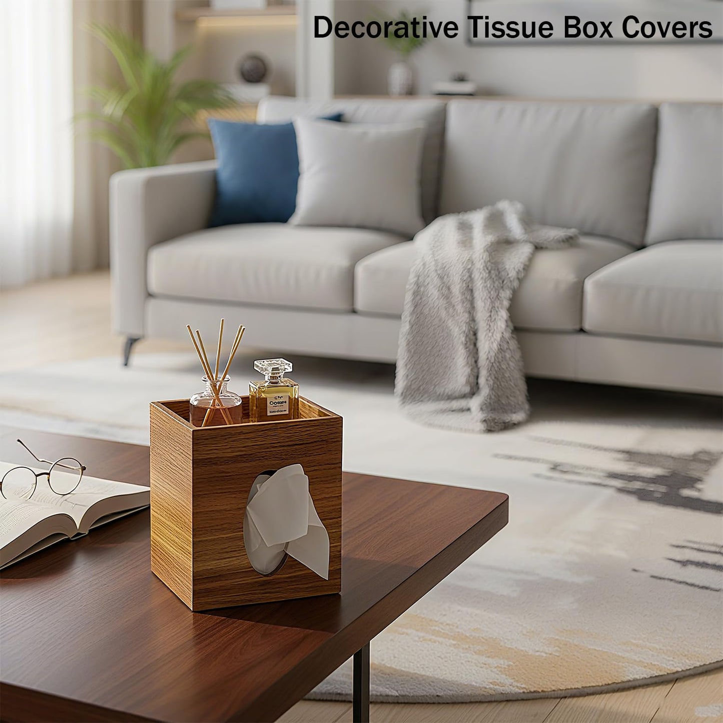 Acacia Wooden Tissue Box Cover, Square Tissue Box Cover with Storage Tray, Decorative Tissues Boxes Covers, Modern Farmhouse Decor Tissues Holder for Bathroom, Bedroom, Dinner Table,Office,Kitchen