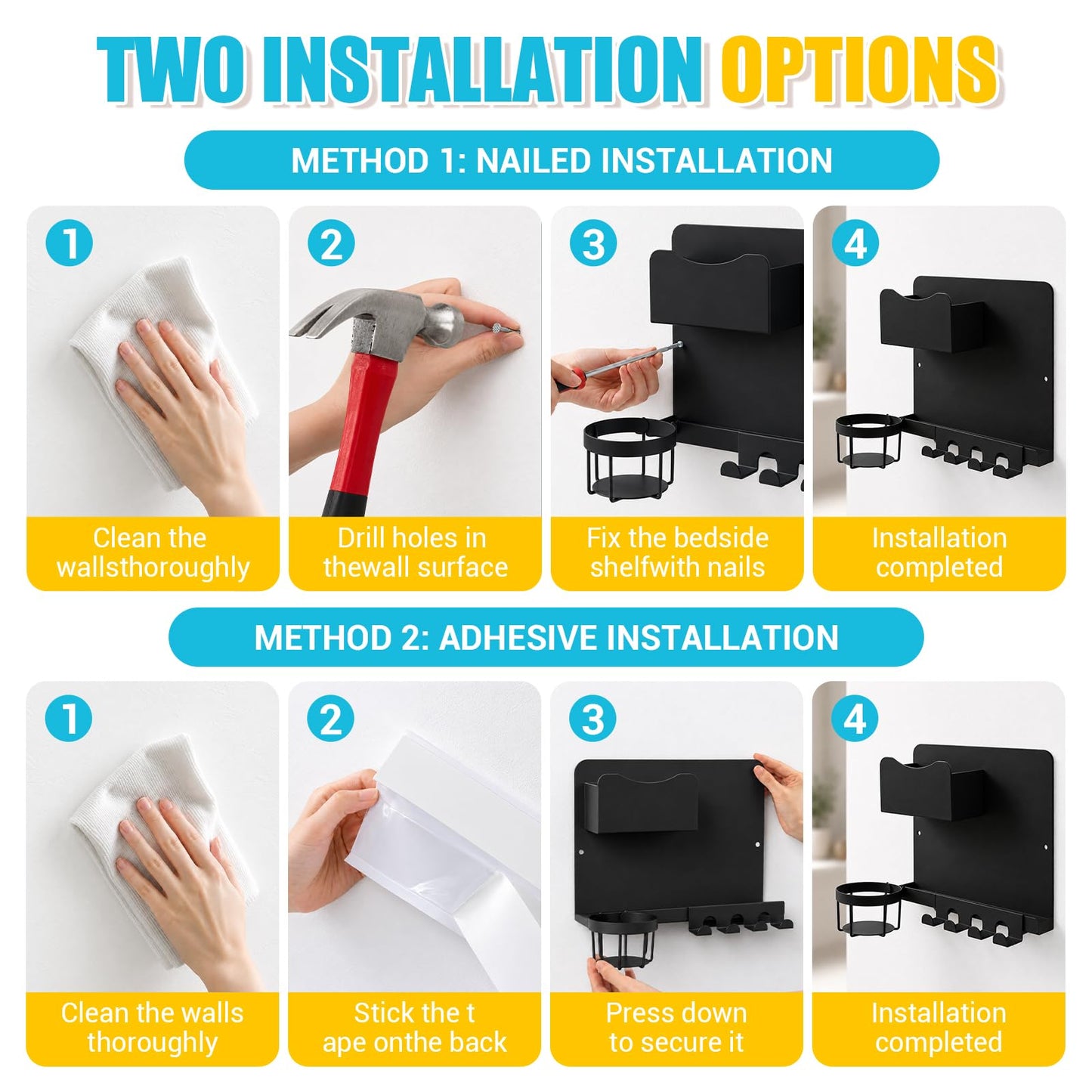 Metal Bedside Wall Shelf, No Drill Floating Bedside Shelf Wall Organizer
