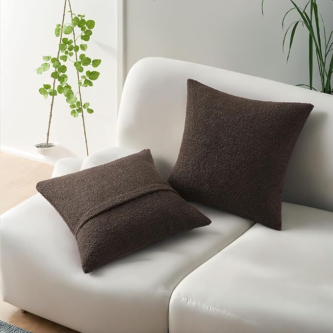 HAUSSY Set of 2 26x26 Decorative Throw Pillow Covers, Soft Cozy Textured Boucle Couch Cases, Home Decor for Couch Bed Living Room, Dark Coffee