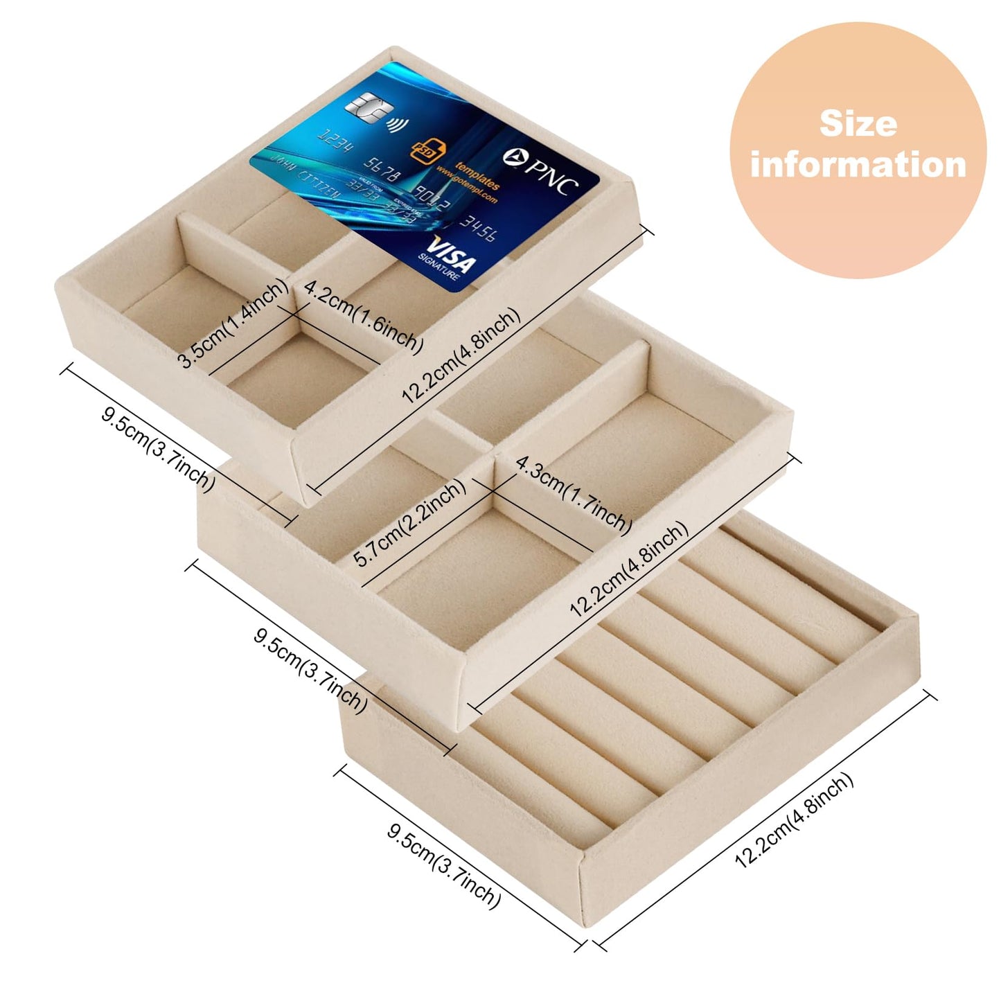 RingsTown 8-Piece Velvet jewelry drawer organizer inserts Removable Dividers, 4.8 * 3.7 * 0.9in Stackable Drawer Organizer, Vanity Dresser Storage