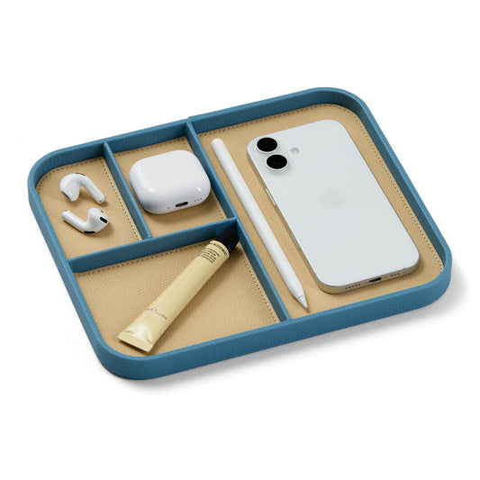 Nordik Leather Valet Tray - Nordik Blue - 9.5 x 7.9 Inch Medium Vegan Leather Tray - Stylish Nightstand Organizer for Men - Modern Bedside Caddy - EDC Catchall for Key Watch Wallet Jewellery