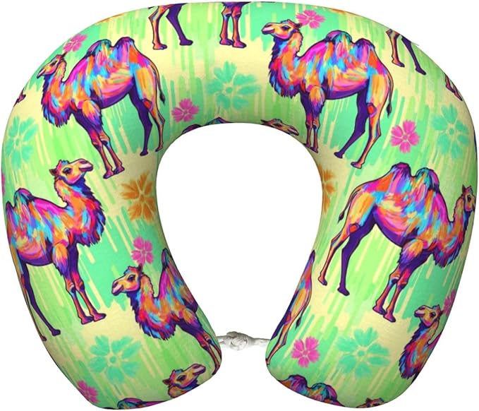 Neck Pillow Memory Foam Travel Pillows Comfortable for Airplane Flight Car Travel Office Nap and Sleeping, Funny Cushion for Head Shoulder Llama Alpaca Camels Watercolor Painting