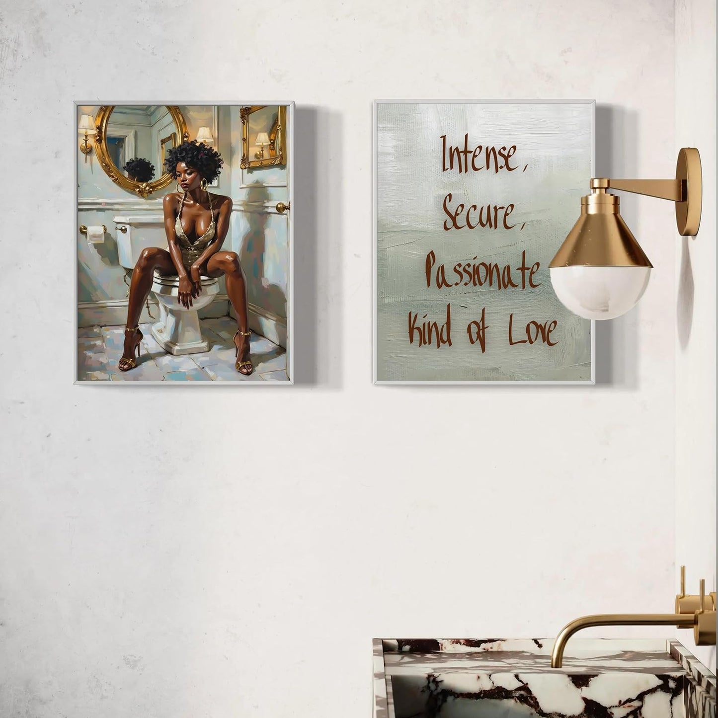 Black Girl Bathroom Wall Art Set of 2 Luxury Black Woman Poster Print Sensual African American Wall Art Afro Feamle Canvas Painting Print for Bathroom Toilet Home Decor, 16x24inch Unframed