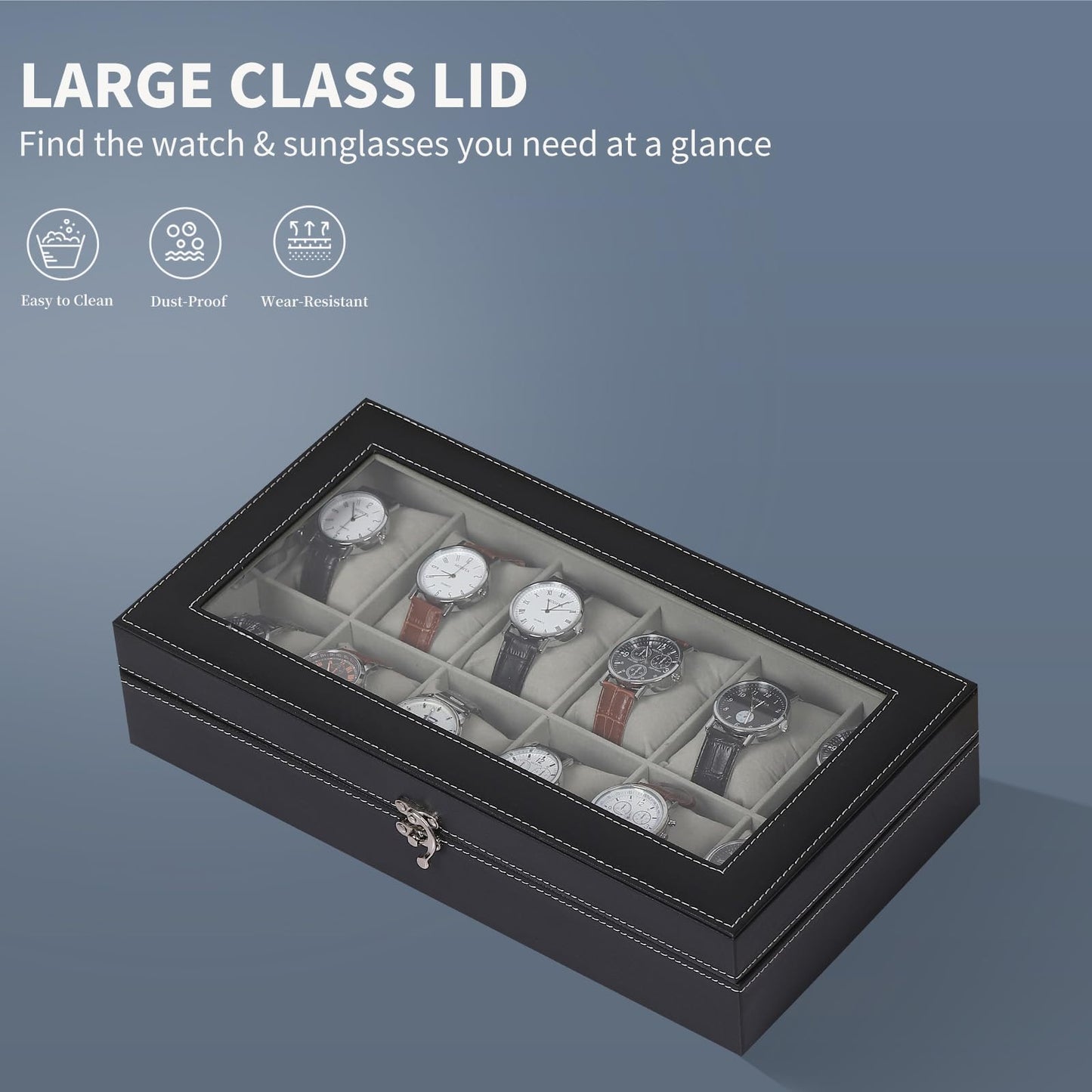 AUTOARK Leather & Velvet 12 Watch Box Glass Top Jewelry Display Lockable Case Organizer,Removable Watch Pillows,Black,MKAW107