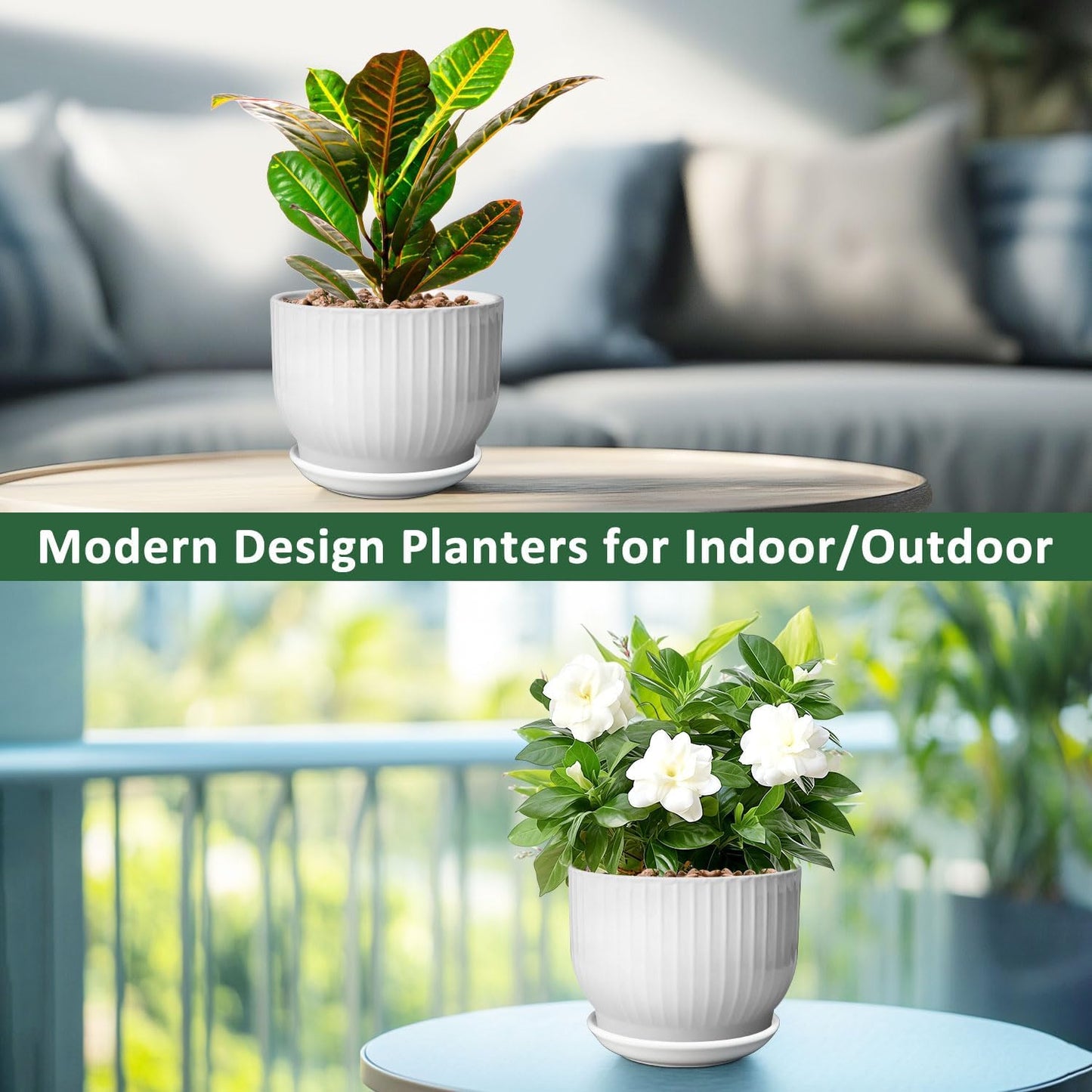 YUFDA 8 Inch Plant Pot,Ceramic Planter with Drainage and Saucer,Ceramic Pots for Plants,Indoor Plant pots,Ceramic Flower pots(Pure White, Plants NOT Included)
