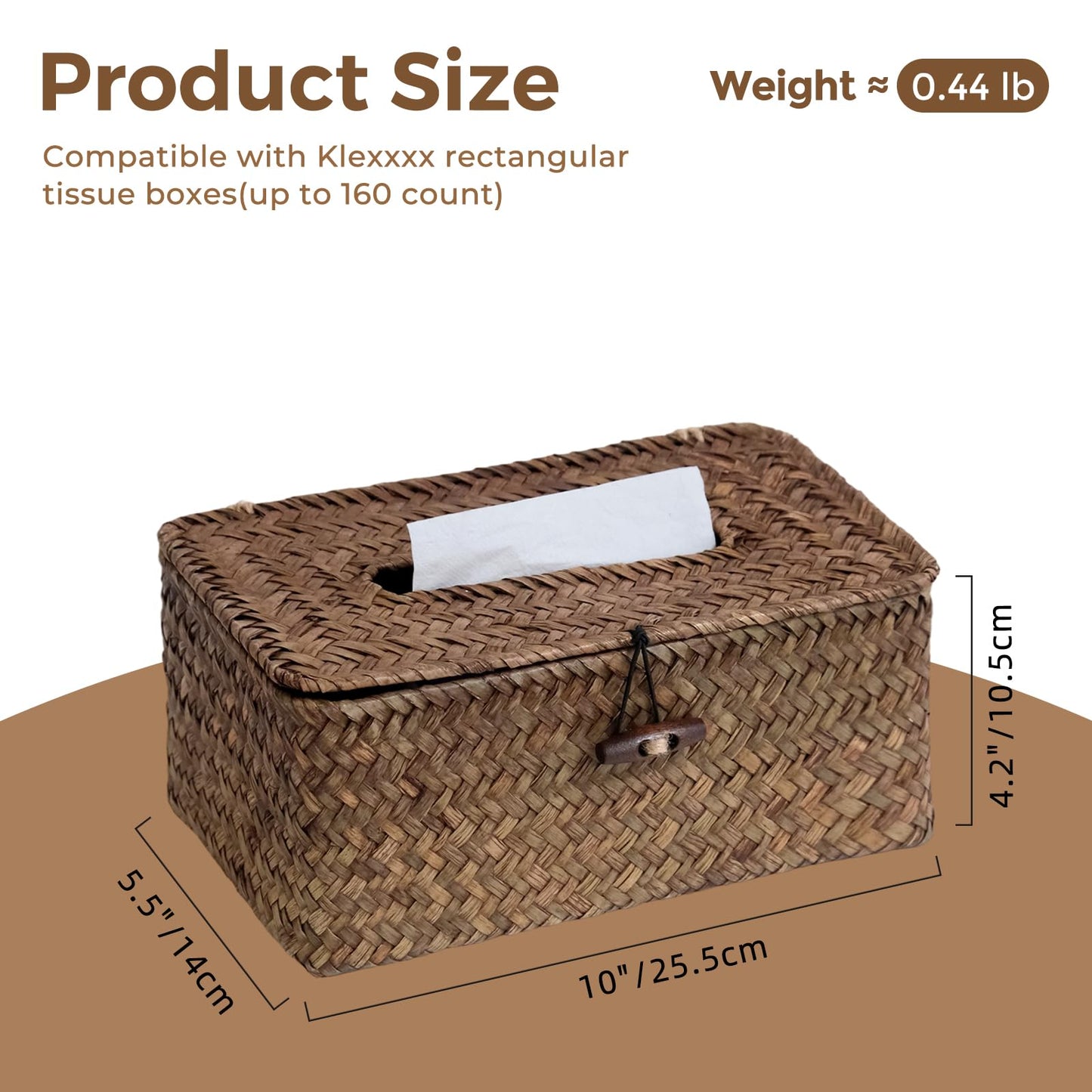 Rectangle Wicker Tissue Box Cover, Natural Seagrass Tissue Box Holder with Lid, Woven Tissue Box Decorative Facial Tissue Holder for Bathroom Office Table, Brown