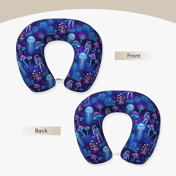 Travel Neck Pillow for Pain Relief Sleeping, Underwater Jellyfish Astronauts Mushroom Art, Comfortable Memory Foam Chin Head Cushion Support with Zip Cover, Fashion Car Flight Pillows