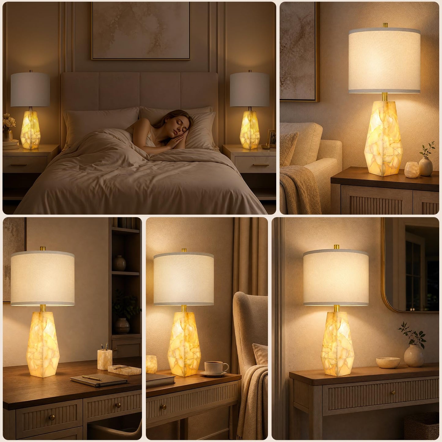 Scenekoy 23" Alabaster Table Lamps Set of 2, Modern Desk lamp with Night Light for Living Room, Rotary Switch, Bedside Lamp with Linen Shade for Bedroom Living Room Office (Bulb Included)