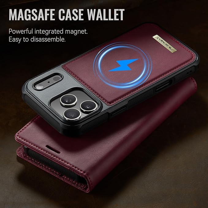 PlusnapX Wallet Case for iPhone 17 Pro Compatible with Magsafe, 2-in-1 PU Leather Flip RFID Blocking Card Holder Stand Shockproof Magnetic Detachable Case for iPhone 17 Pro Case 6.3", Burgundy