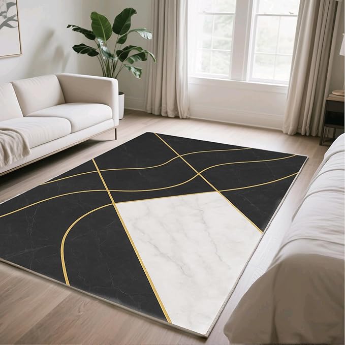 Geometric Marble Rug - 2x4 Rug, Abstract Lines Hallway Rugs, Luxury Marble Runner Rugs, Washable & Non Slip Small Carpet Home Decor