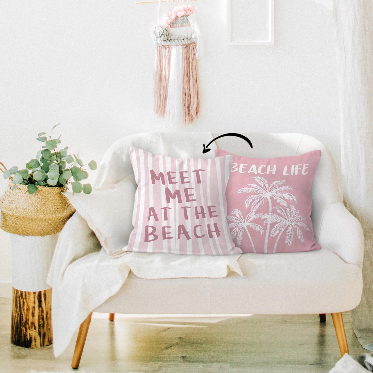 HIWX Pink Coastal Beach Pillow Covers 18x18 Double-Sided, Beachy Room Decor Aesthetic, Preppy Pink Meet Me at The Beach Palm Tree Decorative Pillow Covers for Couch Bed Girls Room Bedroom Dorm Decor