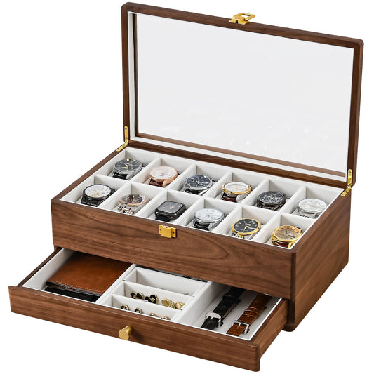 Black Walnut Watch Box for Men, 12 Slot Wooden Watch Organizer with Glass Lid, 2 Layer Watch Display Case with Drawer Jewelry Storage Box, Gift for Husband, Dad, Anniversary, Father’s Day, Women