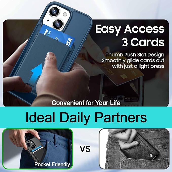 Magnetic for iPhone 14 Plus & iPhone 15 Plus Case (Compatible with MagSafe) with Detachable Wallet & Card Holder for 3 Cards [RFID Blocking] Military Grade Protective Slim Phone Cover, Deep Blue
