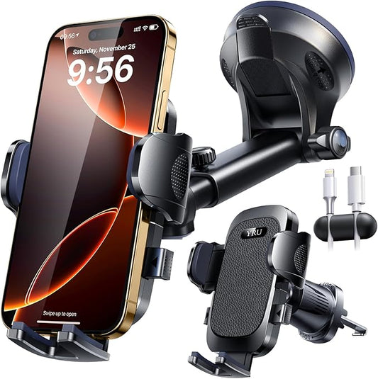 YRU True Military-Grade [360° Rotation Suction] 2025 Ultimate Car Phone Holder Mount 【90+LBS Safest Strongest & Patent Certs】 Dashboard Windshield Vent for iPhone 17 16 Pro Max Samsung, Matt Black
