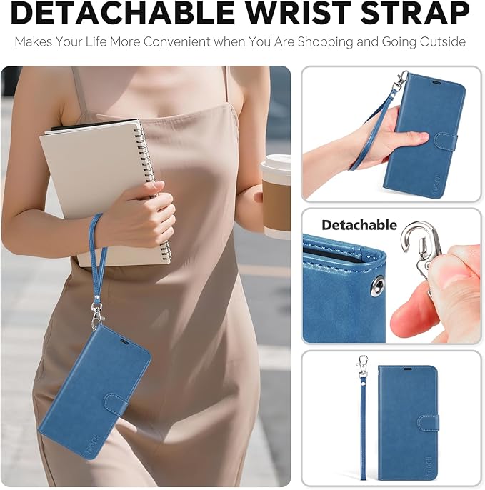TUCCH Detachable Case Wallet for iPhone 17 Pro (6.3") 2025, Wrist Strap | 4 Card Slots RFID Blocking | Wireless Charging | Stand | 2-in-1 Magnetic | PU Leather | Shockproof Folio Cover | Light Blue