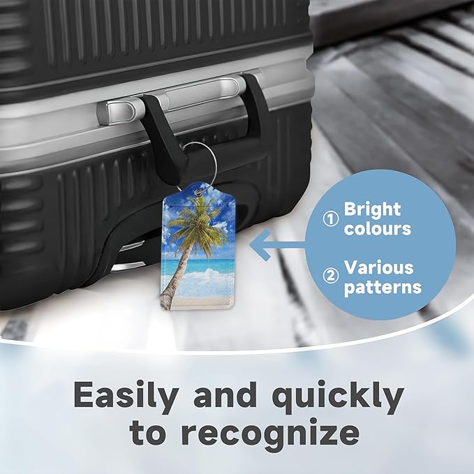 Beach Sea Luggage Tags for Suitcases,2 Pack Coconut Palm Tree Luggage Tag,Leather Stainless Steel Loop Label Tag for Women Men Girls Travel Bag Suitcase