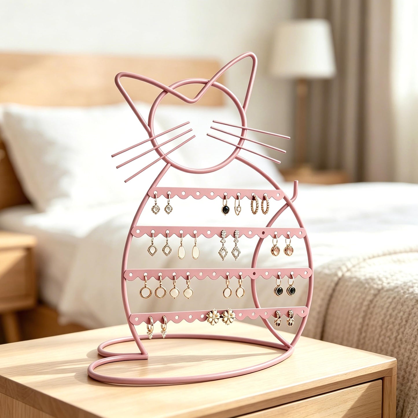 Urban Deco Jewelry Organizer Stand Cat Shaped Earring Holder Organizer Metal 48 Stud Earring Holes Jewelry Holder, Metal Jewelry Display Vanity Organizer For Girls - Macron Pink