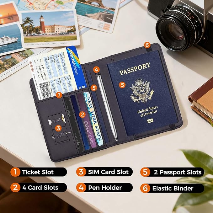 Cnycmy Passport Holder for Travel, Pu Leather Travel Wallet, RFID Blocking, Metal United States Coat of Arms, Waterproof cover for Family (Black)