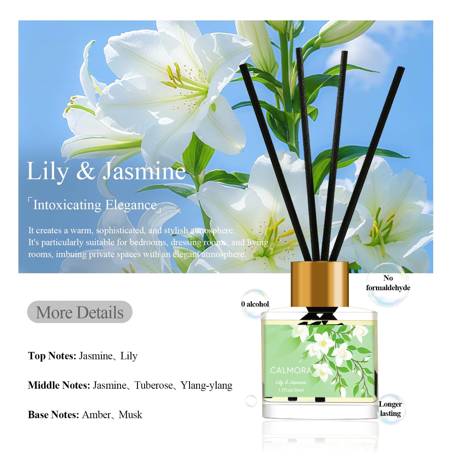 CALMORA Reed Diffuser Gift Set of 3, 50ml Home Fragrance Diffuser with 15 Reeds Sticks | Flameless Lily & Jasmine/Lavender/Fresh Linen Scented Oil for Women, Mom, Housewarming