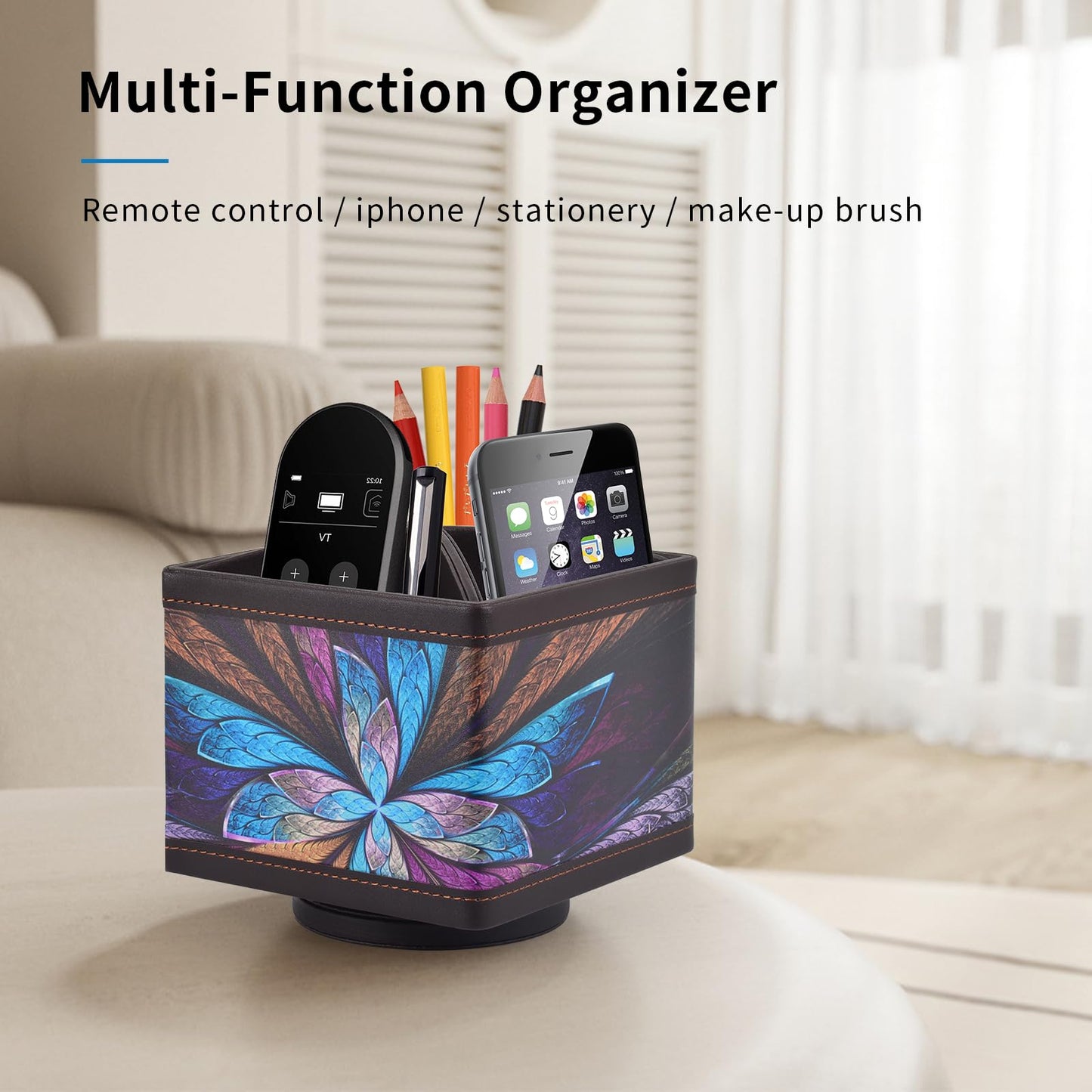RHCSZ Square Leather 360°Rotatable Pencil Holders,Remote Control Holder,Spinning Bedside TV Remote Caddy,Desktop Organizer for Pen,Media Controller,Phone,Glasses,Office Supplies Storage Box(Blue)