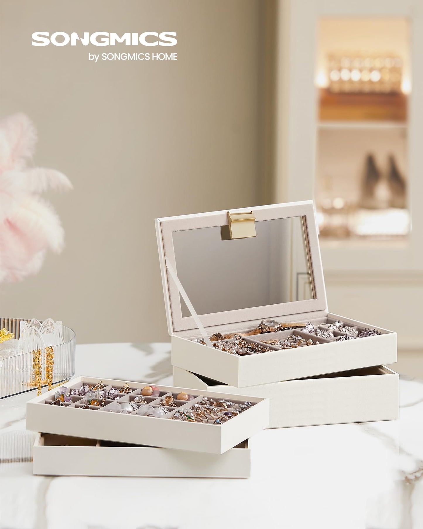 SONGMICS GISELLA Collection - Stackable Jewelry Trays, 4-Tier Jewelry Box, Drawer Jewelry Organizer, with Glass Lid, Removable Dividers, 6.7 x 11 x 7.2 Inches, Gift Idea, Cloud White UJBC164W01
