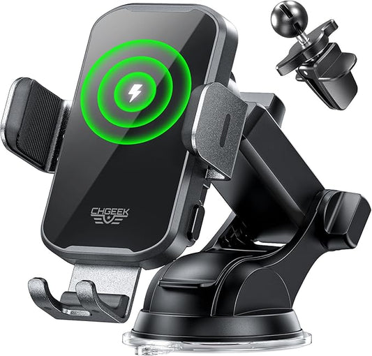 CHGeek Wireless Car Charger Phone Holder Mount, 15W Fast Charging Auto Clamping Phone Holders for Your Car Dashboard Windshield Air Vent Car Accessories for iPhone, Samsung Galaxy, Google Pixel etc